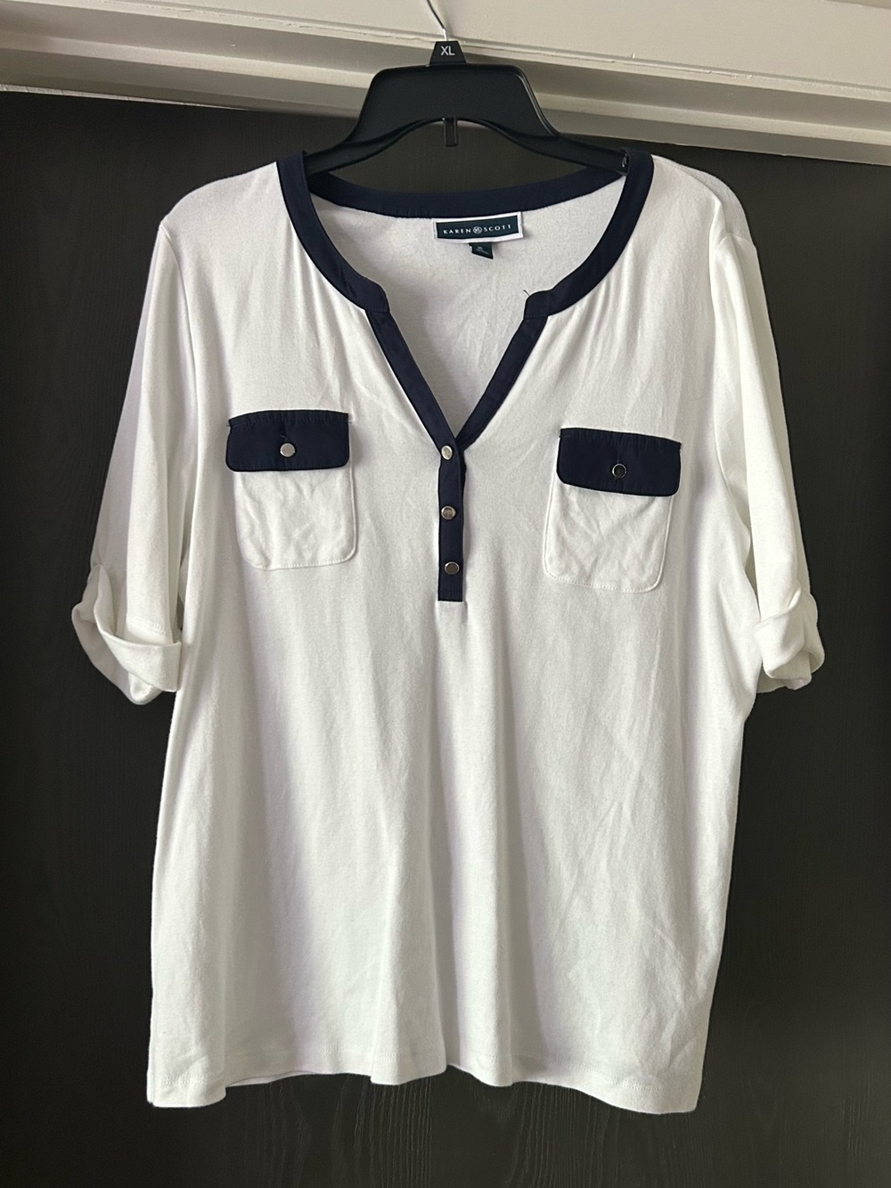 Karen Scott White Short-Sleeve Henley with Navy Trim